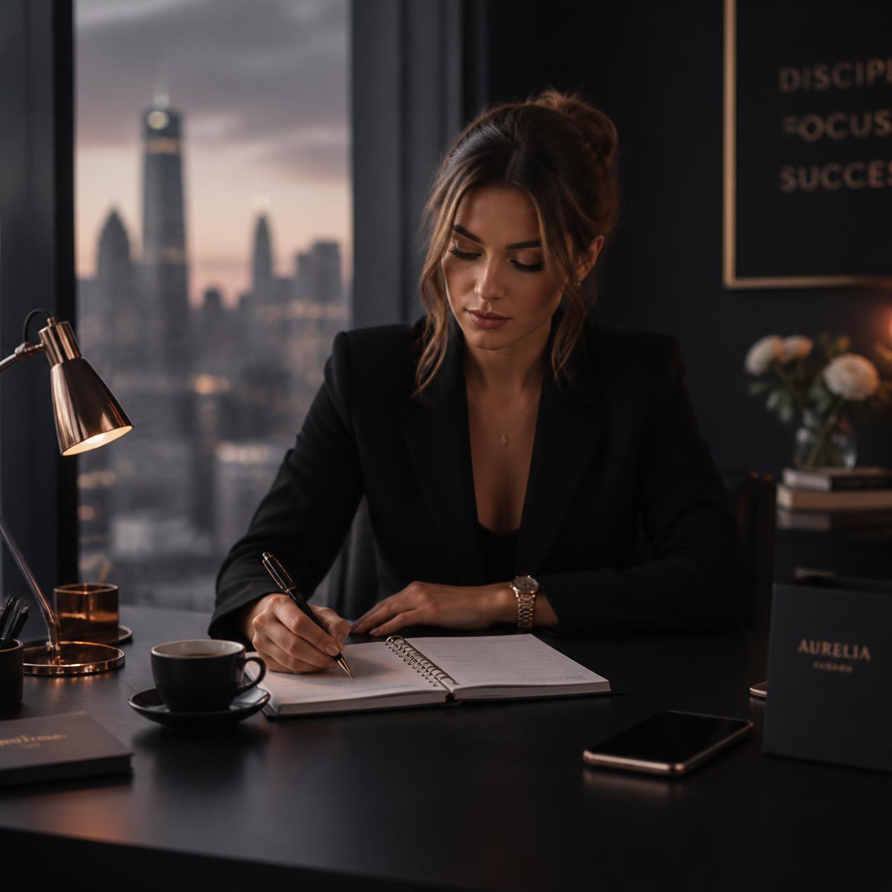 Mulher de blazer preto organizando a agenda em uma mesa de escritório moderna